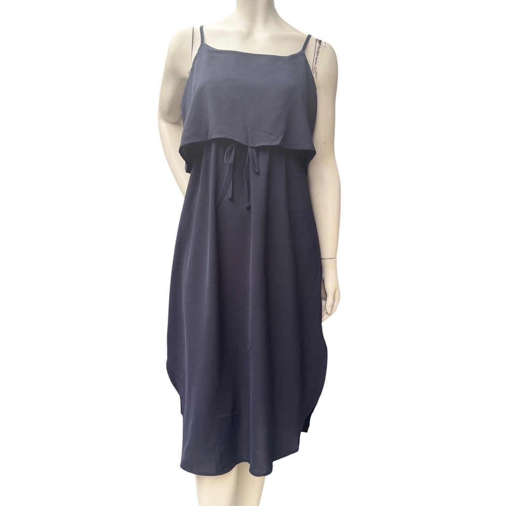 Black Chiffon Popover Midi Dress Drawstring Waist High Low Minimalist Vaca LBD S